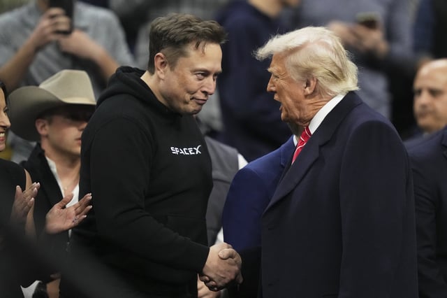 Elon Musk, left, shakes hands with President Donald Trump at the finals for the NCAA wrestling championship, Saturday, March 22, 2025, in Philadelphia.