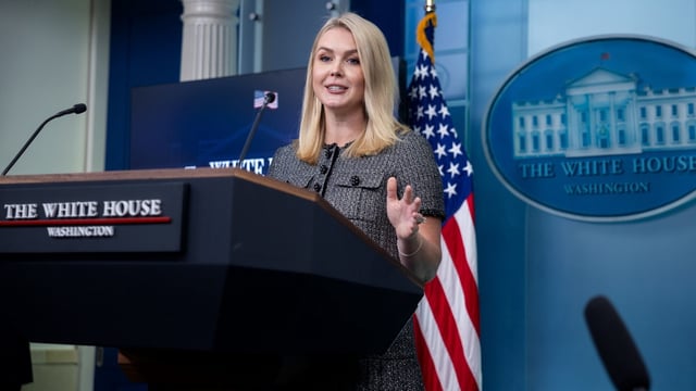 Karoline Leavitt, White House press secretary, during news conference in the James S. Brady Press Briefing Room of the White House in Washington, DC, US, on Friday, April 11, 2025. Photographer: Francis Chung/Politico/Bloomberg