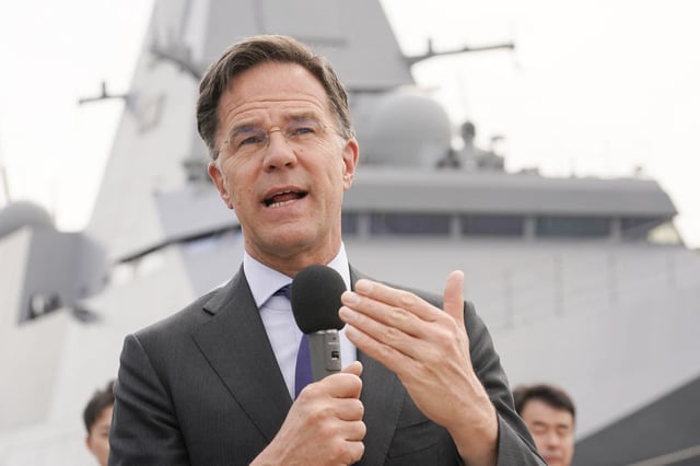 NATO Secretary General Mark Rutte at the Japan Maritime Self-Defense Force&#39;s Yokosuka Base in Yokosuka, Kanagawa prefecture on April 8, 2025.
