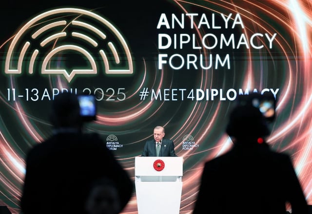 Turkish President Recep Tayyip Erdogan makes a keynote speech on the first day of the Antalya Diplomacy Forum in his country. Photo: Handout