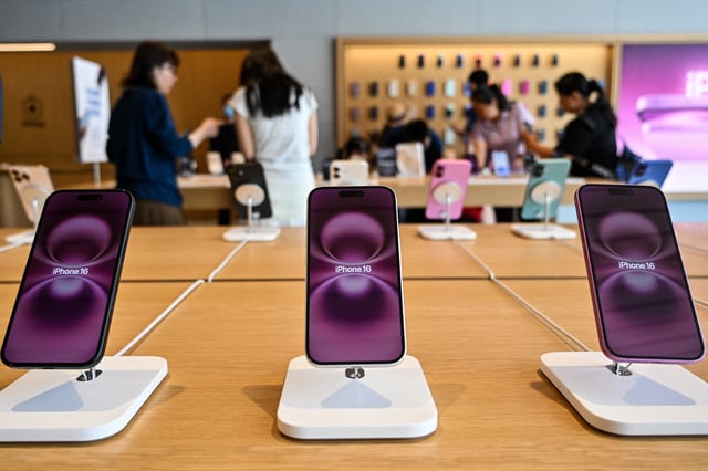 Apple iPhone 16 smartphones on display in an Apple store in the Jing'an district in Shanghai, China on April 10, 2025. President Trump has issued some tariff exemptions that include smartphones.