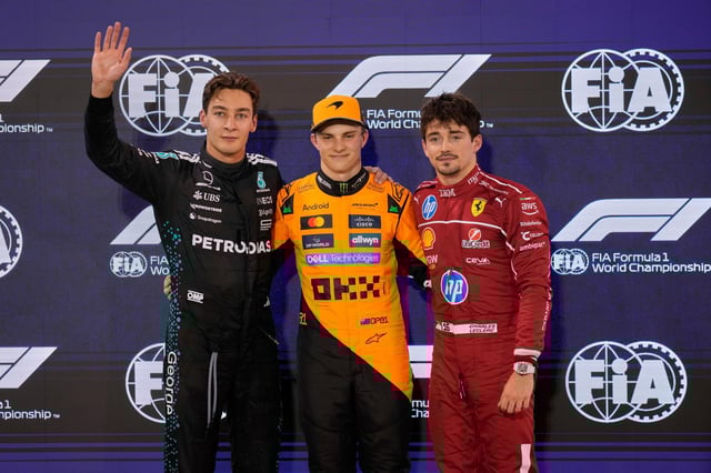 Die Top3 der Qualifikation: Mercedes-Pilot George Russell wurde Zweiter hinter Oscar Piastri. Charles Leclerc (v.l.n.r.) landete auf dem dritten Platz