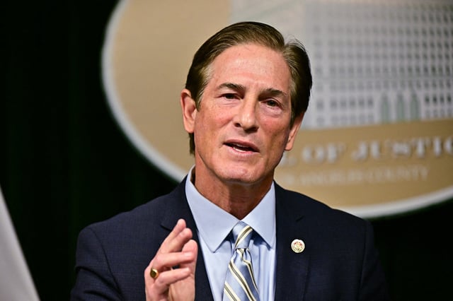 Los Angeles County District Attorney Nathan Hochman speaks during a news conference about the case of Erik and Lyle Menendez, in Los Angeles, California on March 10, 2025.