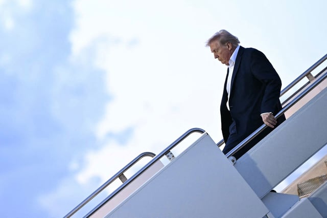 President Donald Trump steps off Air Force One in West Palm Beach, Florida, on April 11, 2025.