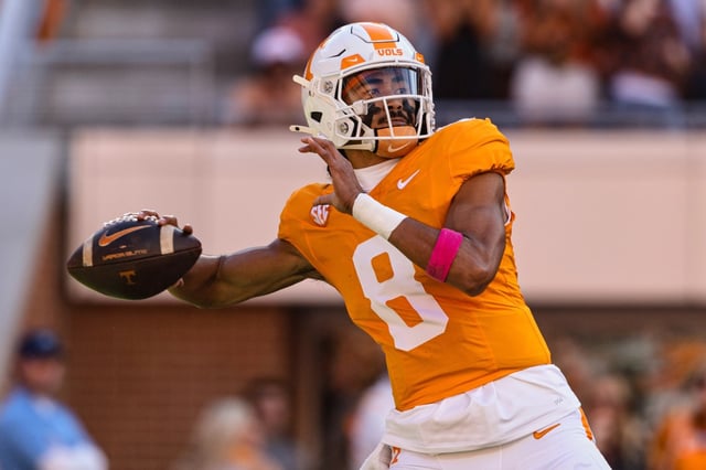 FILE -  Tennessee quarterback Nico Iamaleava throws to a receiver during the first half of an NCAA college football game against Alabama, Saturday, Oct. 19, 2024, in Knoxville, Tenn. (AP Photo/Wade Payne, File)