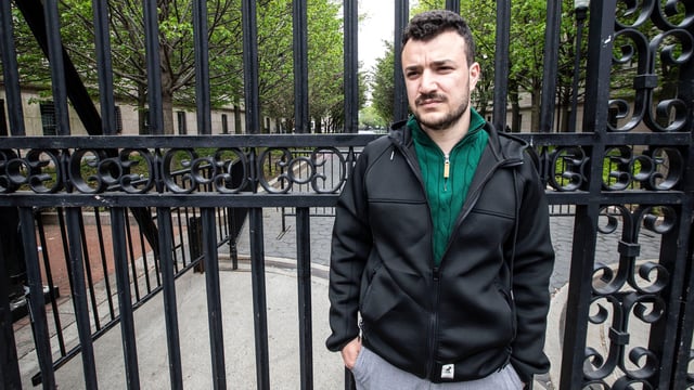 Mahmoud Khalil, 29, a graduate student at Columbia University, was notified by the school that he has been suspended. He stood outside the gates of the campus in Manhattan April 30, 2024. Khalil was part of the encampment on campus, but did not take part in occupying Hamilton Hall.