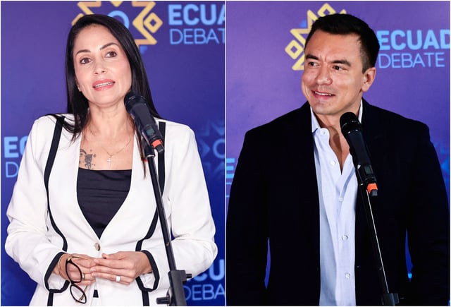 La candidate présidentielle de l’Équateur Luisa Gonzalez et le président et candidat à la réélection Daniel Noboa, à Quito, Équateur, le 23 mars 2025.