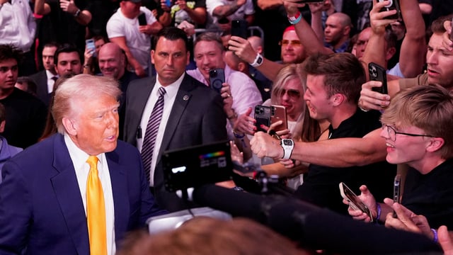 U.S President Donald Trump arrives ahead of UFC 314 at the Kaseya Center, Miami Florida, U.S, April 12, 2025. REUTERS/Nathan Howard