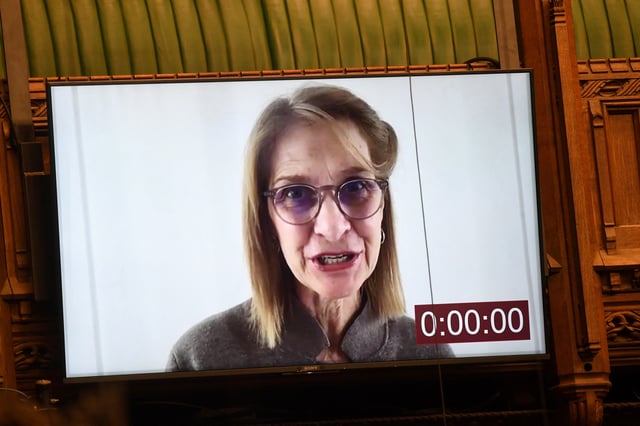 Britain's Liberal Democrat MP Wera Hobhouse is seen on a screen as she speaks during Urgent Question at the House of Commons in London, Britain April 26, 2021. UK Parliament/Jessica Taylor/Handout via REUTERS/File Photo