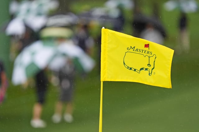 The Masters flag on the second green during a practice round of the Masters Tournament at Augusta National Golf Club.