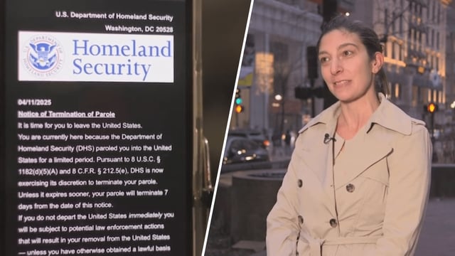 At left, a DHS parole termination notice email that was sent to Massachusetts immigration attorney Nicole Micheroni, seen at right.