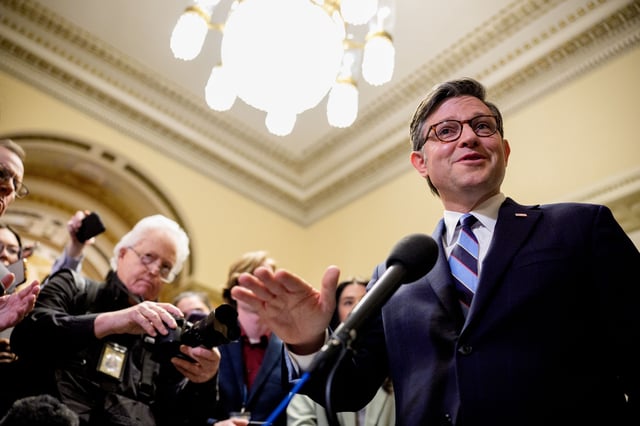 House Speaker Mike Johnson speaks to reporters at the Capitol on April 10, 2025, in Washington.
