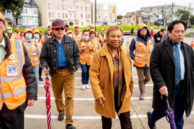 Former Rep. Barbara Lee, campaigning in the Oakland mayoral race, tours Chinatown with Toishan Association ambassadors on March 4.