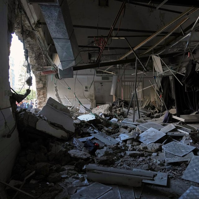 The outpatient and laboratory wards of the Al-Ahli Arab Baptist hospital are seen after being hit by an Israeli army strike late Saturday, following a warning issued by the army to evacuate patients, in Gaza City, Sunday, April 13, 2025. (AP Photo/Jehad Alshrafi)