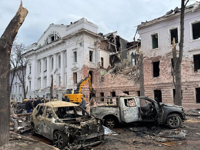 SUMY, UKRAINE - APRIL 13: Rescuers work at the site of Russian ballistic strike on April 13, 2025 in Sumy, Ukraine. As a result of Russian ballistic missile attack on the centre of Sumy, 24 people are currently known to have died. The number of people injured in the attack has increased to 83 people, including seven children, said Ukrainian Minister of Internal Affairs Ihor Klymenko. (Photo by Suspilne Ukraine/JSC "UA:PBC"/Global Images Ukraine via Getty Images)