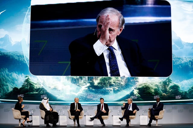 Ray Dalio, Founder of Bridgewater Associates, appears on a screen as he attends the Future Investment Initiative (FII) in Riyadh, Saudi Arabia October 29, 2024. REUTERS/Hamad I Mohammed