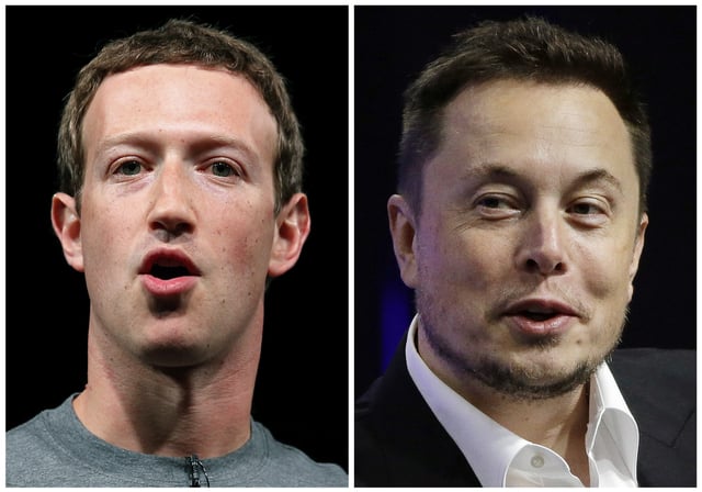 Hacked crosswalk recordings at Peninsula intersections purport to convey messages from Meta CEO Mark Zuckerberg, left, and Tesla CEO Elon Musk.