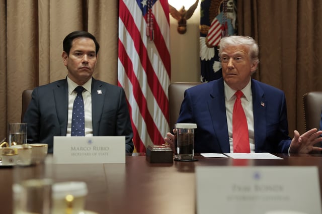 U.S. Secretary of State Marco Rubio speaks alongside U.S. President Donald Trump during a Cabinet meeting at the White House on April 10, 2025 in Washington, DC.