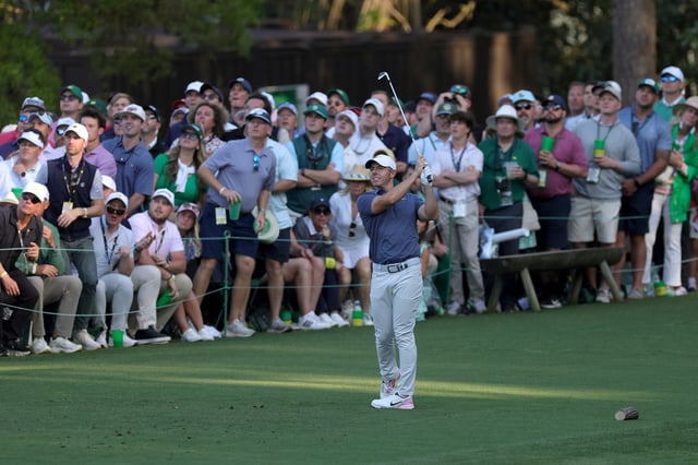 Rory McIlroy of Northern Ireland plays his shot from the 16th tee during the final round of the 2025 Masters Tournament at Augusta National Golf Club on April 13, 2025 in Augusta, Georgia
