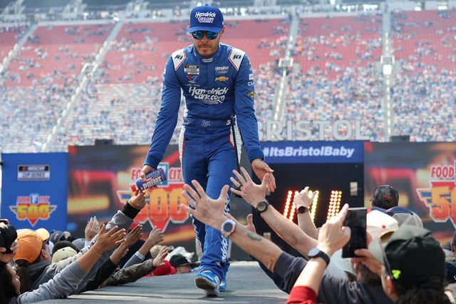 Apr 13, 2025; Bristol, Tennessee, USA; NASCAR Cup Series driver Kyle Larson (5) during driver introductions for the NASCAR Food City 500 at Bristol Motor Speedway. Mandatory Credit: Randy Sartin-Imagn Images