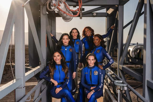 The all-woman crew for Blue Origin's upcoming flight into space includes, clockwise from top left: Katy Perry, Gayle King, Aisha Bowe, Kerianne Flynn, Lauren Sanchez and Amanda Nguyen, in Van Horn, Texas, on April 11, 2025.