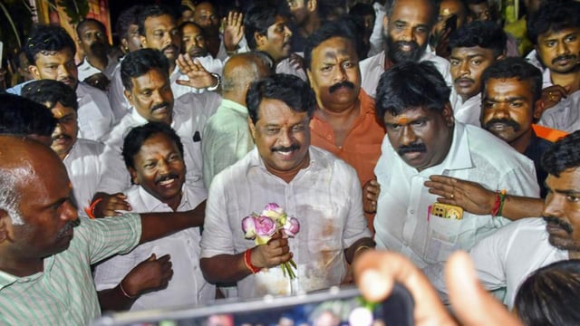 BJP’s newly elected Tamil Nadu chief Nainar Nagendran being greeted by supporters after his election as the party’s state chief, in Tirunelveli, on Sunday (PTI)