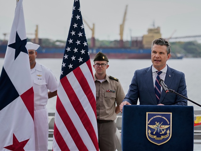 U.S. Defense Secretary Pete Hegseth speaks at Port of Rodman in West Panama, Tuesday, April 8, 2025. (AP Photo/Matias Delacroix)