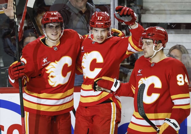 Calgary Flames' Yegor Sharangovich, centre, celebrates his goal with teammates during third period NHL hockey action against the San Jose Sharks in Calgary on Sunday, April 13, 2025.