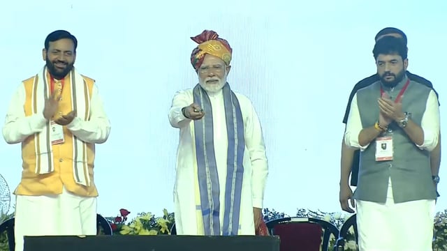 Prime Minister Narendra Modi with MoS for Civil Aviation Murlidhar Mohol and Haryana Chief Minister Nayab Singh Saini during flagging off ceremony of a commercial flight from Hisar to Ayodhya.