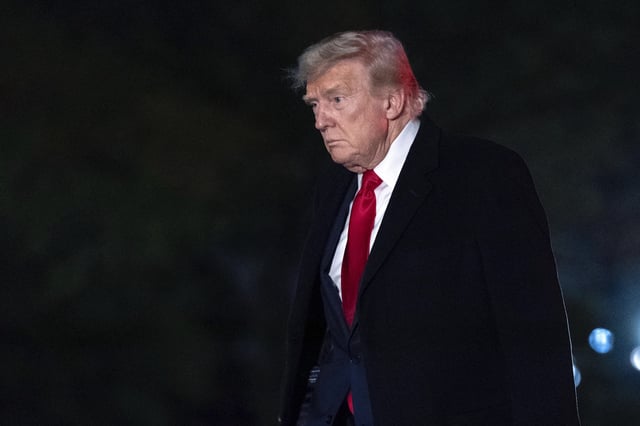 President Donald Trump walks on the South Lawn of the White House in Washington, Sunday, April 13, 2025. (AP Photo/Jose Luis Magana)