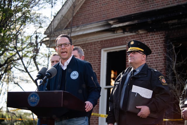Pennsylvania Gov. Josh Shapiro speaks during a press conference outside of the Governor&#39;s Mansion after a portion of the property was damaged in an arson fire on April 13, 2025 in Harrisburg, Pennsylvania.