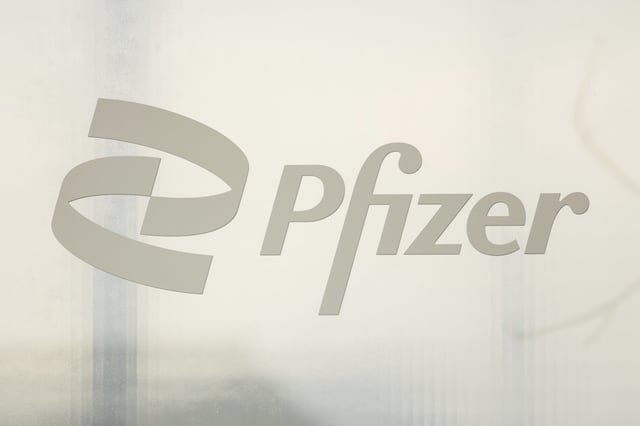 Pfizer signage is displayed at the Pfizer NYC Headquarters, Thursday, April 10, 2025, in New York. (AP Photo/Yuki Iwamura)