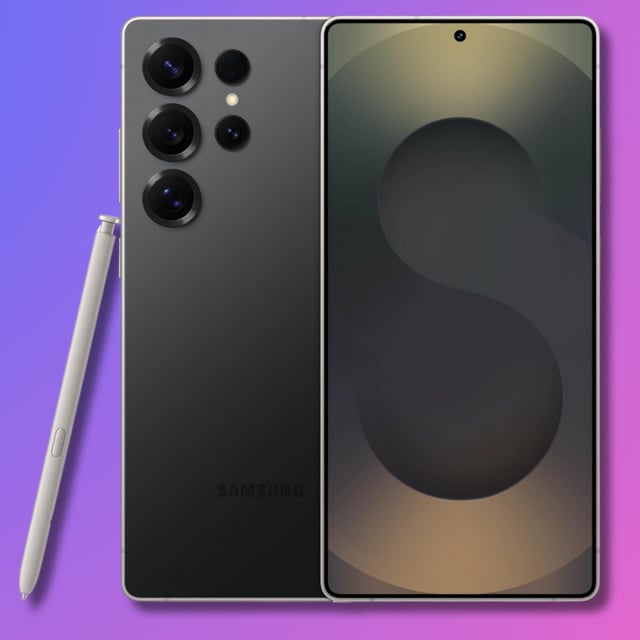 A Samsung Galaxy S25 Ultra phone on a colorful background