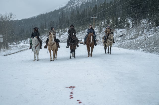 A patrol from Jackson comes across a trail of blood in the snow in The Last of Us season 2
