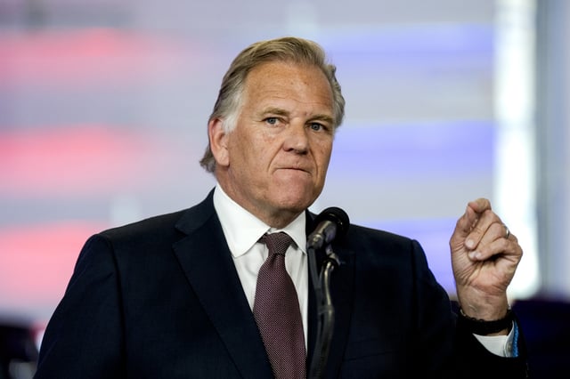 Former Representative Mike Rogers, a Michigan Republican, speaks in Howell, Michigan on August 20, 2024.