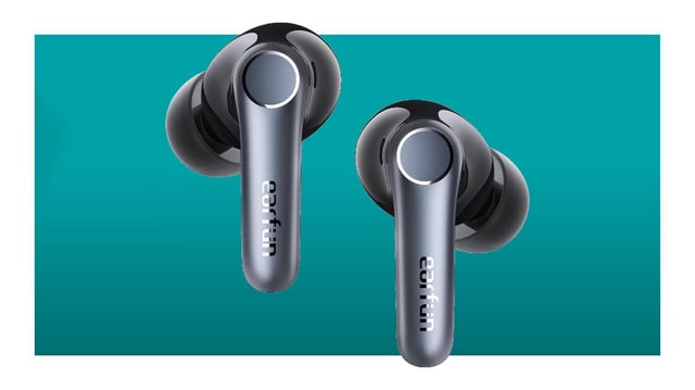 EarFun Air Pro 4 earbuds on a blue background