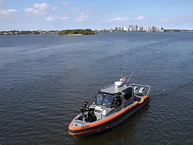 PALM BEACH, FLORIDA - JANUARY 13: U.S. Coast Guard officers patrol the waters near President-elect Donald Trump's Mar-a-Lago Club on January 13, 2025 in Palm Beach, Florida. With Trump's inauguration a week away, the Senate will begin to hold confirmation hearings this week for many of his Cabinet picks, including Pete Hegseth for Defense Secretary, Pam Bondi for Attorney General and Marco Rubio for Secretary of State. (Photo by Michael M. Santiago/Getty Images)