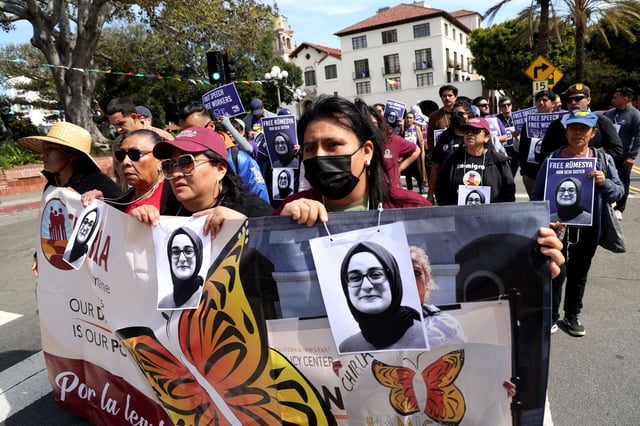 Protesters with the Service Employees International Union (SEIU), Coalition for Human Immigrant Rights of Los Angeles and community members march to denounce the Trump administration's recent attacks on free speech and immigrant rights including the arrest of Rümeysa Öztürk at Placita Olverain downtown Los Angeles on April 1, 2025.
