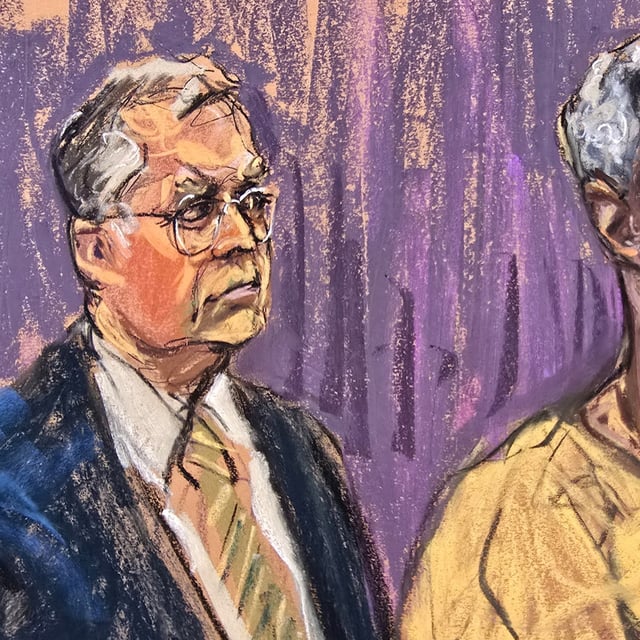 Sean "Diddy" Combs stands with one his lawyers, Marc Agnifilo, during his hearing where he pleaded not guilty to an expanded federal indictment charging the hip-hop mogul with five criminal counts, including racketeering and sex trafficking, in New York, U.S., April 14, 2025, in this courtroom sketch. REUTERS/Jane Rosenberg