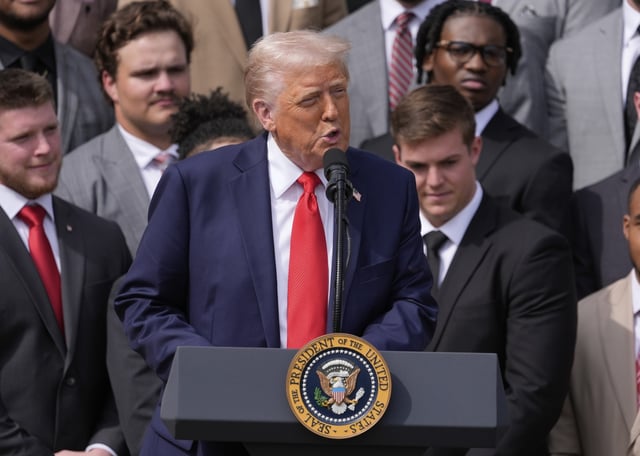 President Donald Trump speaks during an event on the South Lawn of the White House on April 14, 2025, in Washington, D.C.