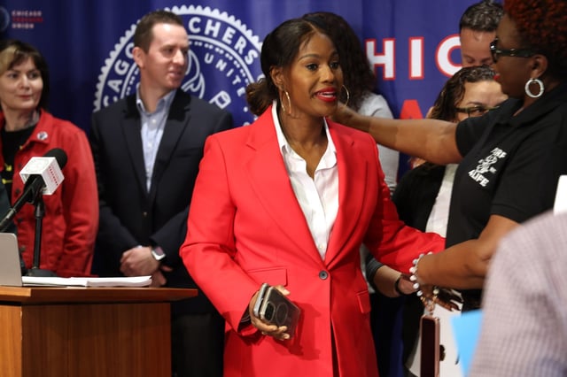 Chicago Teachers Union President Stacy Davis Gates arrives April 14, 2025, before announcing that CTU members voted to ratify a new contract with Chicago Public Schools. (Antonio Perez/Chicago Tribune)