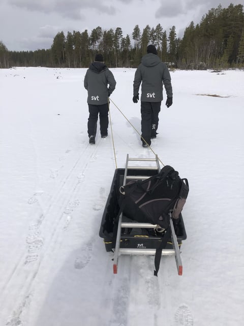This undated photo, issued by SVT, shows preparations in Junsele, Sweden for the livestream 'The Great Moose Migration' to document the annual Moose migration near Kullberg in northern Sweden. (SVT via AP)
