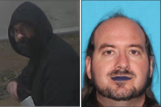 Tesla arson suspect from surveillance footage (left), Wagner’s driver’s license (right).
