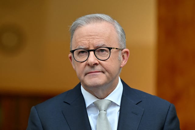 Australian Prime Minister Anthony Albanese attends a press conference after visiting Government House to dissolve Parliament and call an election in Canberra, Australia, March 28, 2025. AAP/Mick Tsikas via REUTERS//File Photo