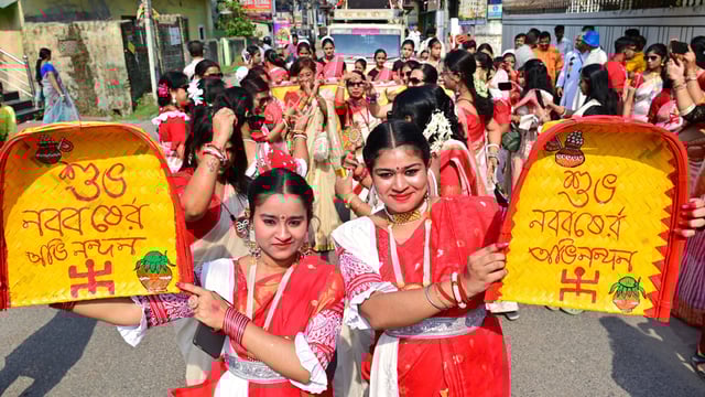 This year's auspicious Bengali New Year celebration is scheduled for Tuesday, April 15, according to Drik Panchang. On Monday, April 14, at 3:30 am, the Sankranti moment will occur. In pic: Members of Bengali Kalyan Samiti take part in Prabhat feri ahead of Bengali New Year. 
