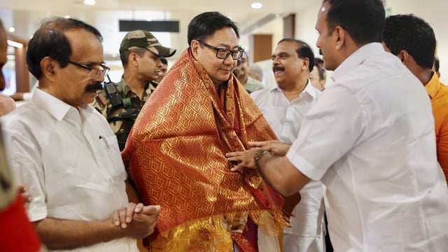 Union minister Kiren Rijiju being welcomed upon his arrival at Cochin International Airport, Kerala. 
