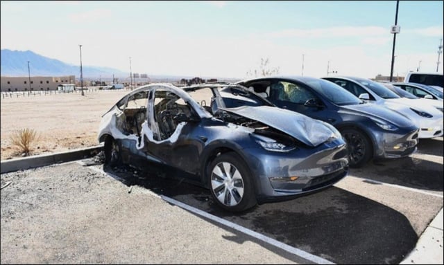 A vehicle damaged in a fire at the Tesla showroom in Albuquerque, N.M., on Feb. 9, 2025.