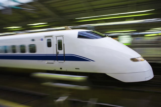 Stock photograph showing a high speed train in Himeji, Kansai prefecture, Japan.