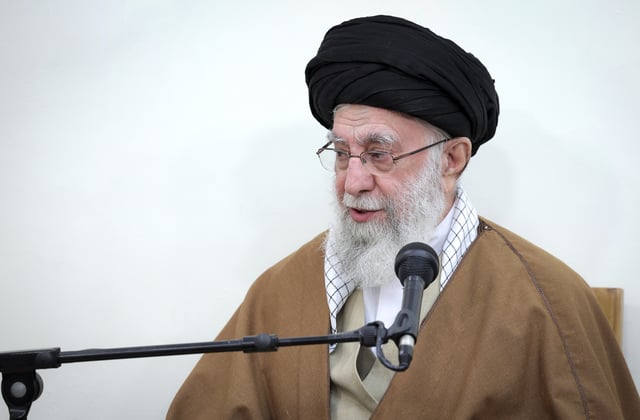 In this photo released by an official website of the office of the Iranian supreme leader, Supreme Leader Ayatollah Ali Khamenei speaks in a meeting with a group of top officials, in Tehran, Iran, Tuesday, April 15, 2025.