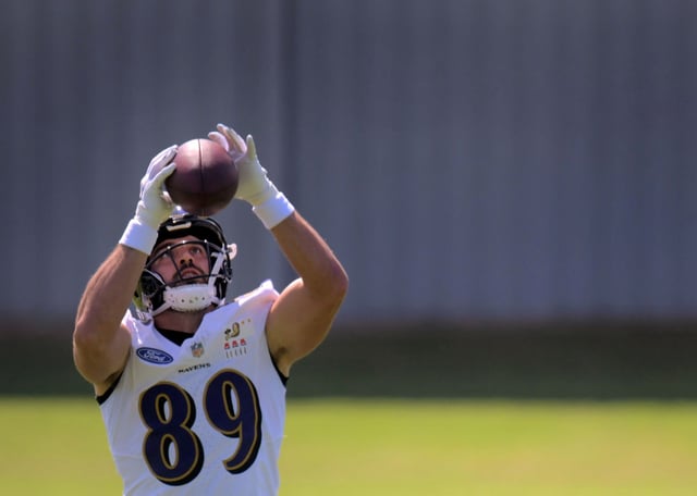 Baltimore Ravens tight end Mark Andrews during team practice for the upcoming NFL opener. (Karl Merton Ferron/Staff)